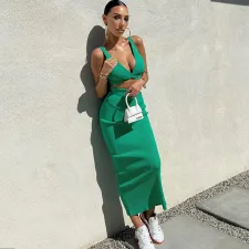 Deep V Neck Vest And Half Body Skirt Two Piece Set GPBY-13331