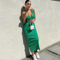 Deep V Neck Vest And Half Body Skirt Two Piece Set GPBY-13331