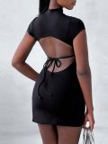 Solid Color Backless Tie Up Mini Dress GYSQ-CDEA0520