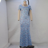 Print Short Sleeve Slim Maxi Dress GPBY-15195