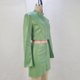 Long Sleeve Zipper Coat  Skirt PU Leather Suit GPBY-13515