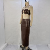 PU Leather Sling Vest And S[lit Long Skirts Suit GPBY-14612