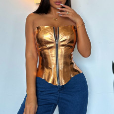 Fashionable Metallic Bright Leather Wrap Top GPBY-14739