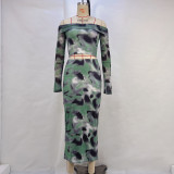One Shoulder Print Long Sleeve Two Piece Skirts Set GPBY-14536