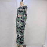 One Shoulder Print Long Sleeve Two Piece Skirts Set GPBY-14536