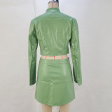 Long Sleeve Zipper Coat  Skirt PU Leather Suit GPBY-13515