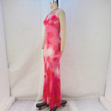 Print Halterneck Tie Up Fishtail Dress GPBY-15432