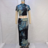 Print Short T Shirt And Half Body Skirt Suit GPBY-14538