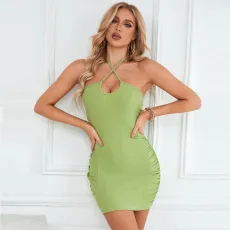 V Neck Tie Up Halterneck Mini Dress GYSQ-CDBK0520