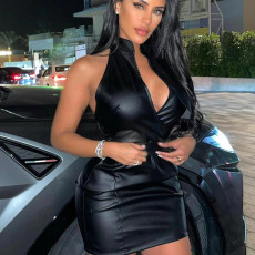 Sexy Backless V Neck PU Leather Mini Dress GPBY-13393