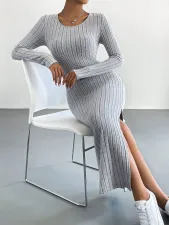 Solid Color Long Sleeve Split Midi Dress GYSQ-CDEF1830
