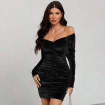 Off Shoulder Velour Long Sleeve Dress GYSQ-CDDG1970