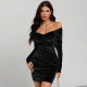 Off Shoulder Velour Long Sleeve Dress GYSQ-CDDG1970