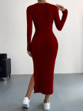 Solid Color Long Sleeve Split Midi Dress GYSQ-CDEF1830