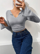 Sexy V Neck Pleated Flare Sleeve T Shirt GYSQ-ZTDI1470