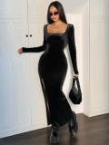 Long Sleeve Velour Split Maxi Dress GYSQ-NDEJ1820