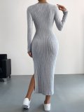 Solid Color Long Sleeve Split Midi Dress GYSQ-CDEF1830