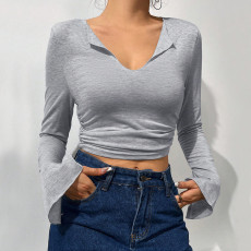 Sexy V Neck Pleated Flare Sleeve T Shirt GYSQ-ZTDI1470