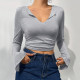 Sexy V Neck Pleated Flare Sleeve T Shirt GYSQ-ZTDI1470