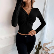 V Neck Knits Long Sleeve Short T Shirt GYSQ-QCCF2330