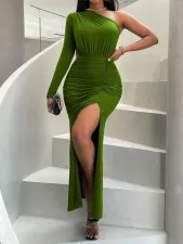 Single Shoulder Long Sleeve Split Maxi Dress GYSQ-NDEH2450