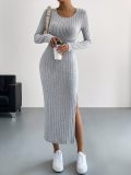 Solid Color Long Sleeve Split Midi Dress GYSQ-CDEF1830