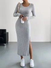 Solid Color Long Sleeve Split Midi Dress GYSQ-CDEF1830