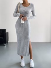 Solid Color Long Sleeve Split Midi Dress GYSQ-CDEF1830