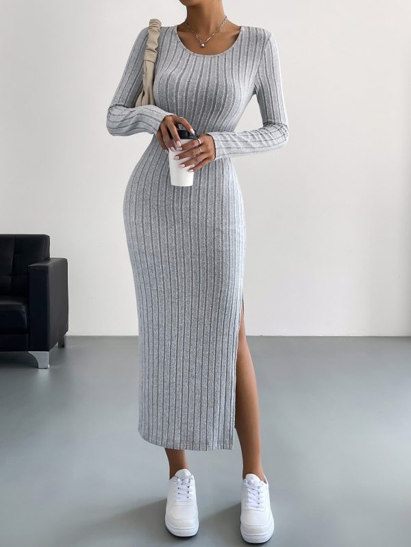 Solid Color Long Sleeve Split Midi Dress GYSQ-CDEF1830