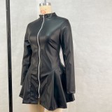 Long Sleeve Zipper PU Leather Pleated Mini Dress GPBY-16419