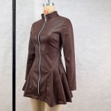 Long Sleeve Zipper PU Leather Pleated Mini Dress GPBY-16419