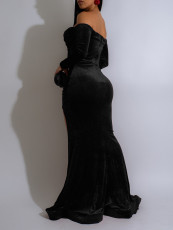 Long Sleeve Off Shoulder Split Maxi Dress AIL-303