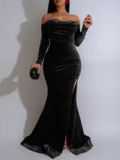 Long Sleeve Off Shoulder Split Maxi Dress AIL-303