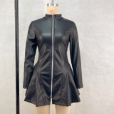 Long Sleeve Zipper PU Leather Pleated Mini Dress GPBY-16419