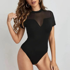 Short Sleeve Mesh Patchwork Bodysuit GPBY-1012