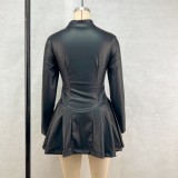 Long Sleeve Zipper PU Leather Pleated Mini Dress GPBY-16419