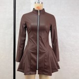 Long Sleeve Zipper PU Leather Pleated Mini Dress GPBY-16419