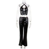 Sexy Halterneck Bandage PU Leather Pants Suit GPBY-1504