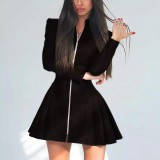 Long Sleeve Zipper PU Leather Pleated Mini Dress GPBY-16419