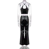 Sexy Halterneck Bandage PU Leather Pants Suit GPBY-1504