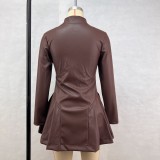 Long Sleeve Zipper PU Leather Pleated Mini Dress GPBY-16419