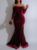 Long Sleeve Off Shoulder Split Maxi Dress AIL-303