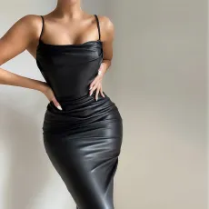 Sexy PU Leather Pleated Sling Midi Dress GPBY-13121