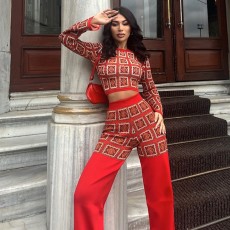 Print Plaid Long Sleeve Tops Loose Pant Suit GPBY-16523