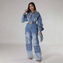 Fashion Washed Multi-pockets Loose Denim Jumpsuit LX-6036