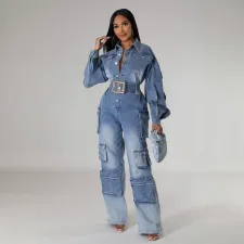 Fashion Washed Multi-pockets Loose Denim Jumpsuit LX-6036