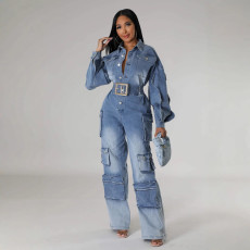 Fashion Washed Multi-pockets Loose Denim Jumpsuit LX-6036