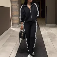 Plus Size Stripe Patchwork Zipper Two Piece Pants Set NY-10959