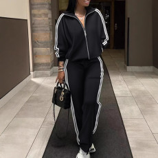 Plus Size Stripe Patchwork Zipper Two Piece Pants Set NY-10959