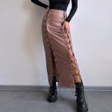 Solid Color Split Tie Up Long Skirt GPBY-16556